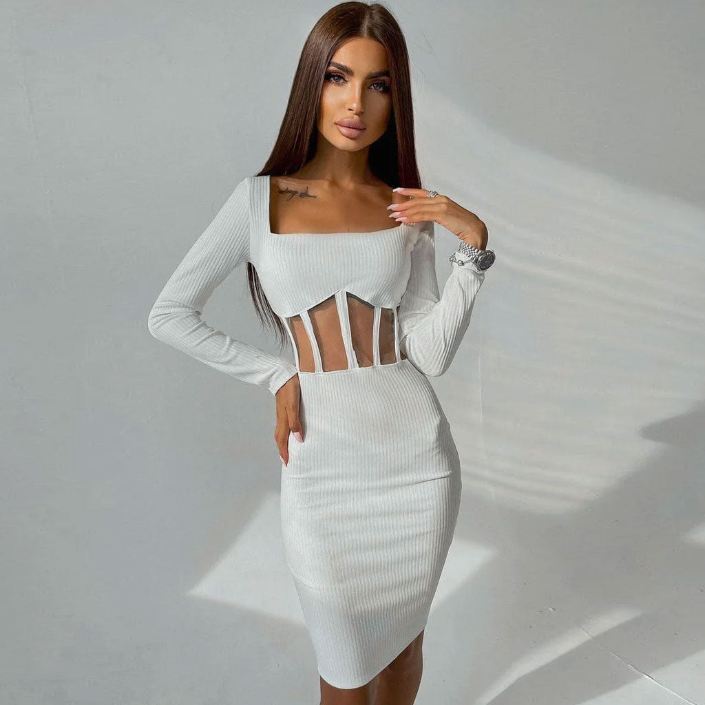 Women's Square Neck Long Sleeve Mesh Panel Midi Dress Midi Dresses women's mini dress