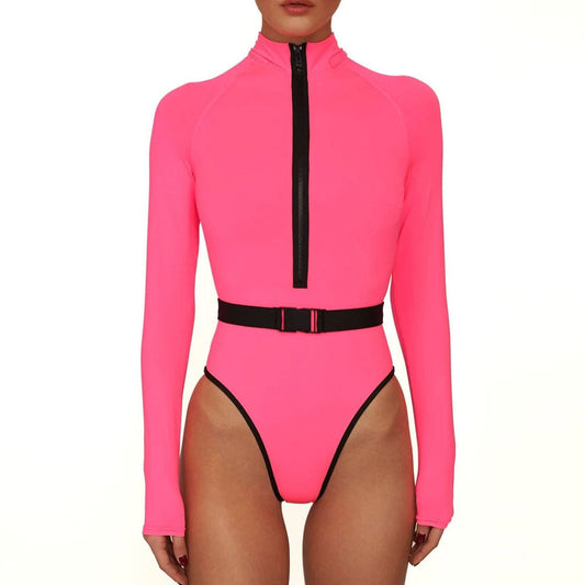 Long Sleeve Rash Guard One Piece Swimsuit - Neon Pink