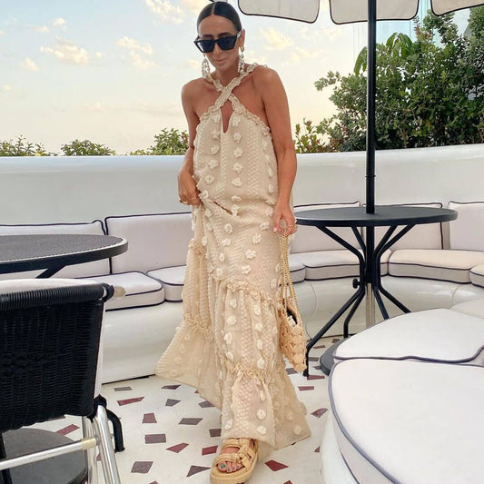 Women's Cute Floral Ruffle Cross Cutout Sleeveless Maxi Dress