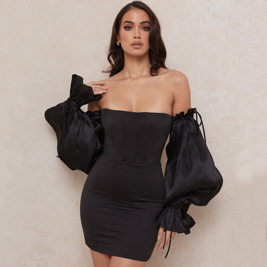 Women's Cute Off Shoulder Puff Sleeve Bodycon Party Mini Dress - Black