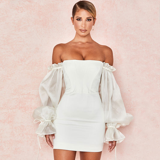 Women's Cute Off Shoulder Puff Sleeve Bodycon Party Mini Dress - White