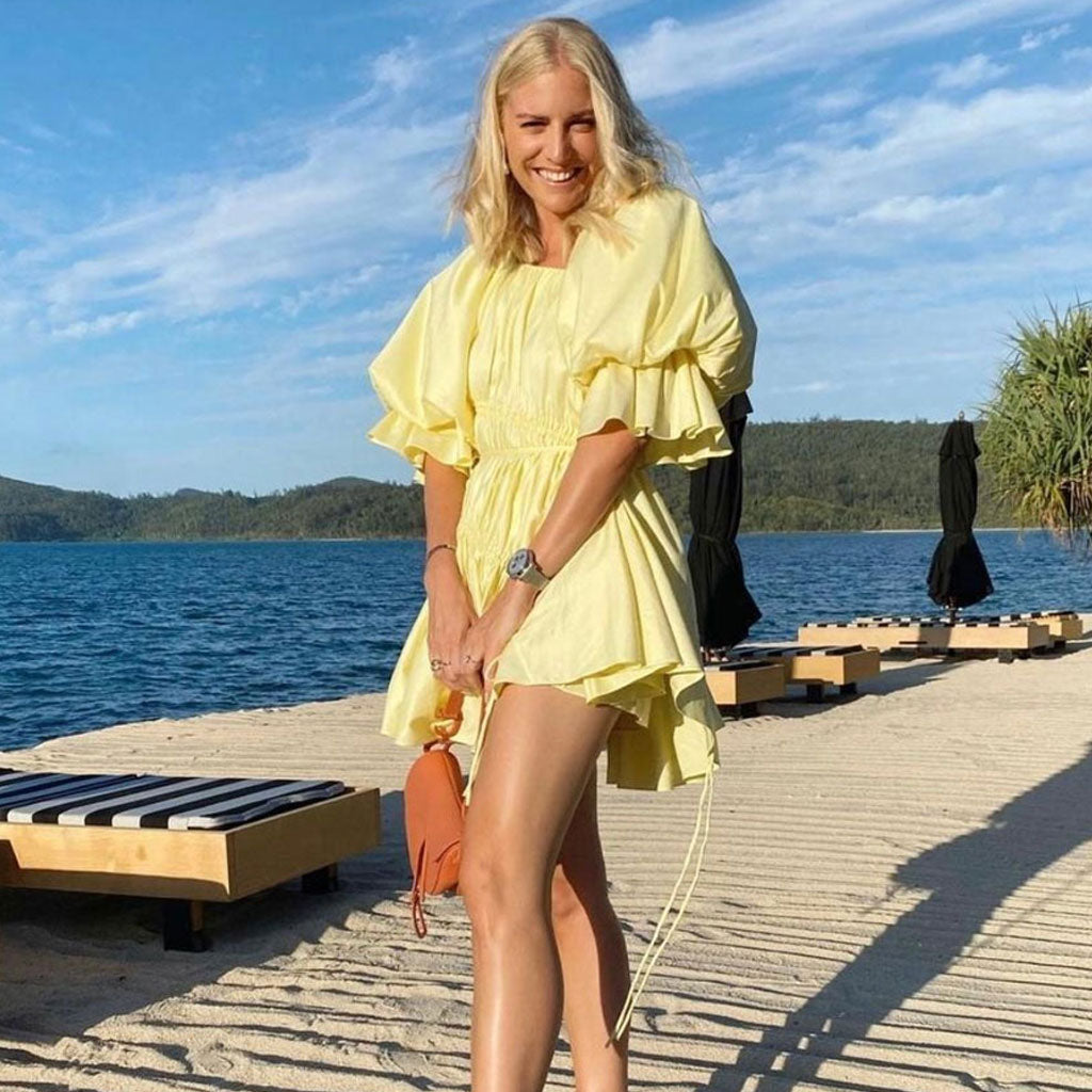 Women's Cute Puff Sleeve Drawstring Tied Ruffle Babydoll Mini Dress - Yellow