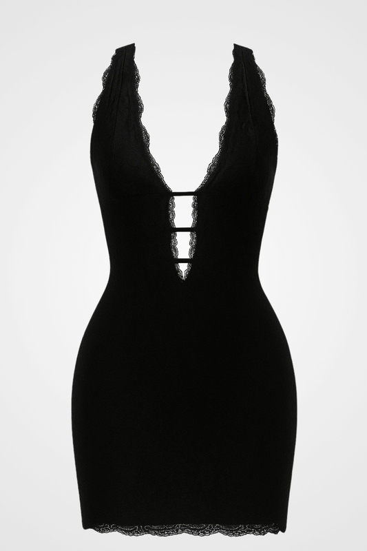 Women's Deep V Neck Backless Bodycon Jacquard Lace Mini Dresses - Black XXS