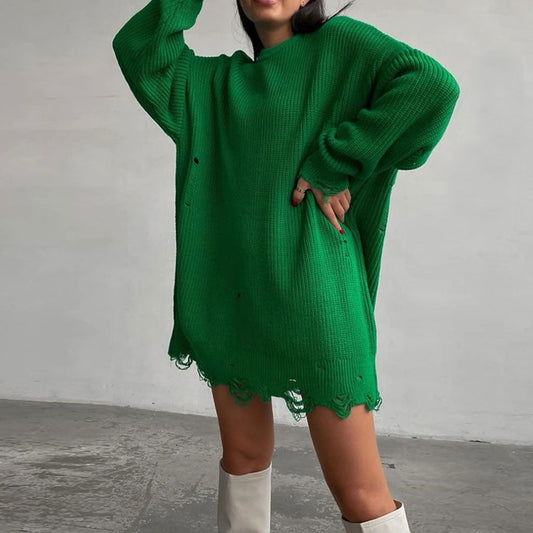 Women's Distressed Trim Pullover Sweater Mini Dress - Emerald Green