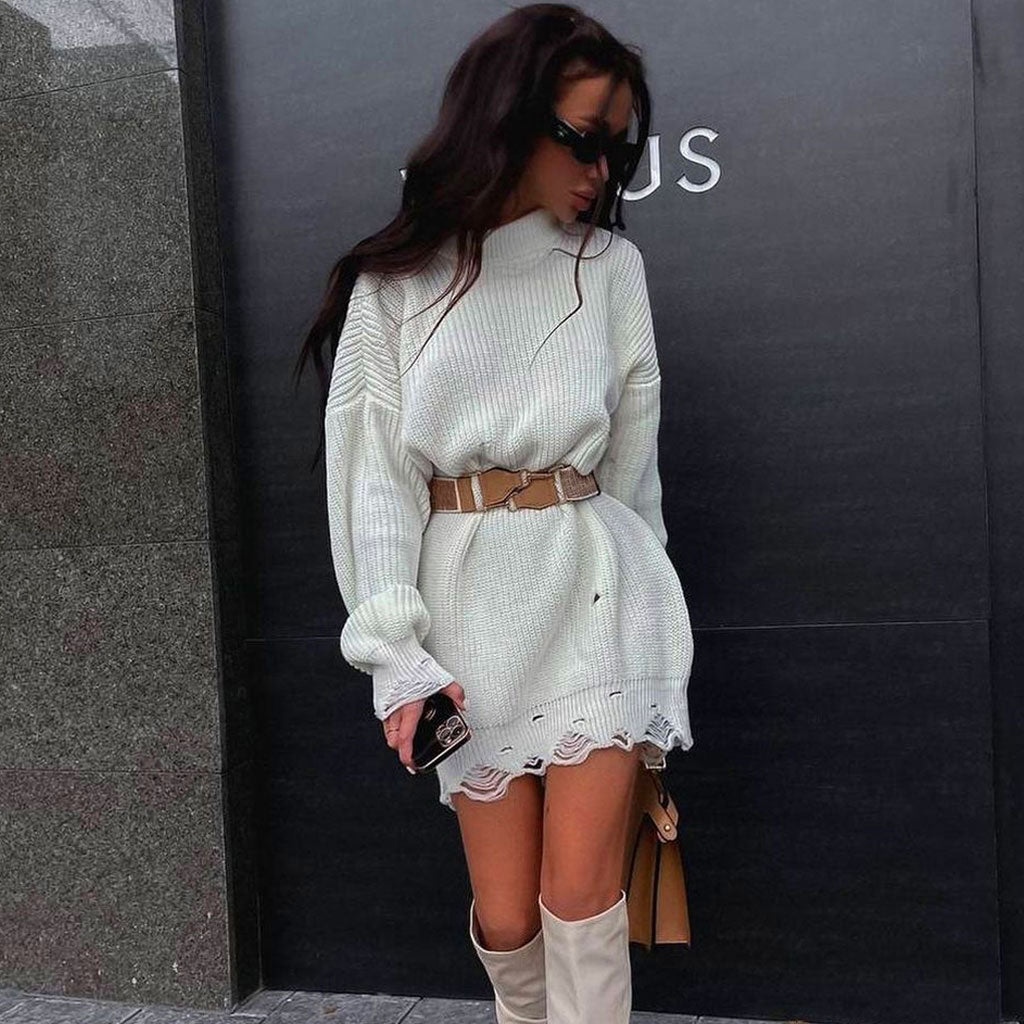 Women's Distressed Trim Pullover Sweater Mini Dress - White