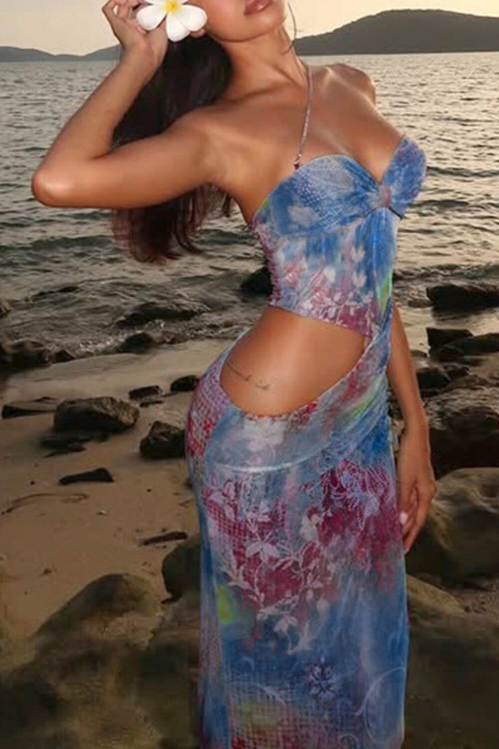 Floral Print Strapless Cutout Bodycon Maxi Dresses Blue women's dress by vivmom