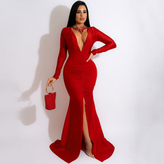Fabulous Ruched Deep V Long Sleeve Split Trim Fishtail Formal Maxi Dress - Red women's dress by vivmom