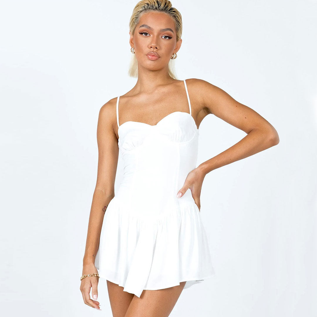 Women's Flattering Ruffle Ruched Trim Mini Slip Sundress - White Mini Dresses