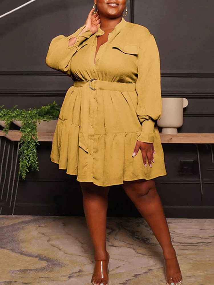 Women's Casual Button Down A-Line Dress Mini Dresses Yellow XL