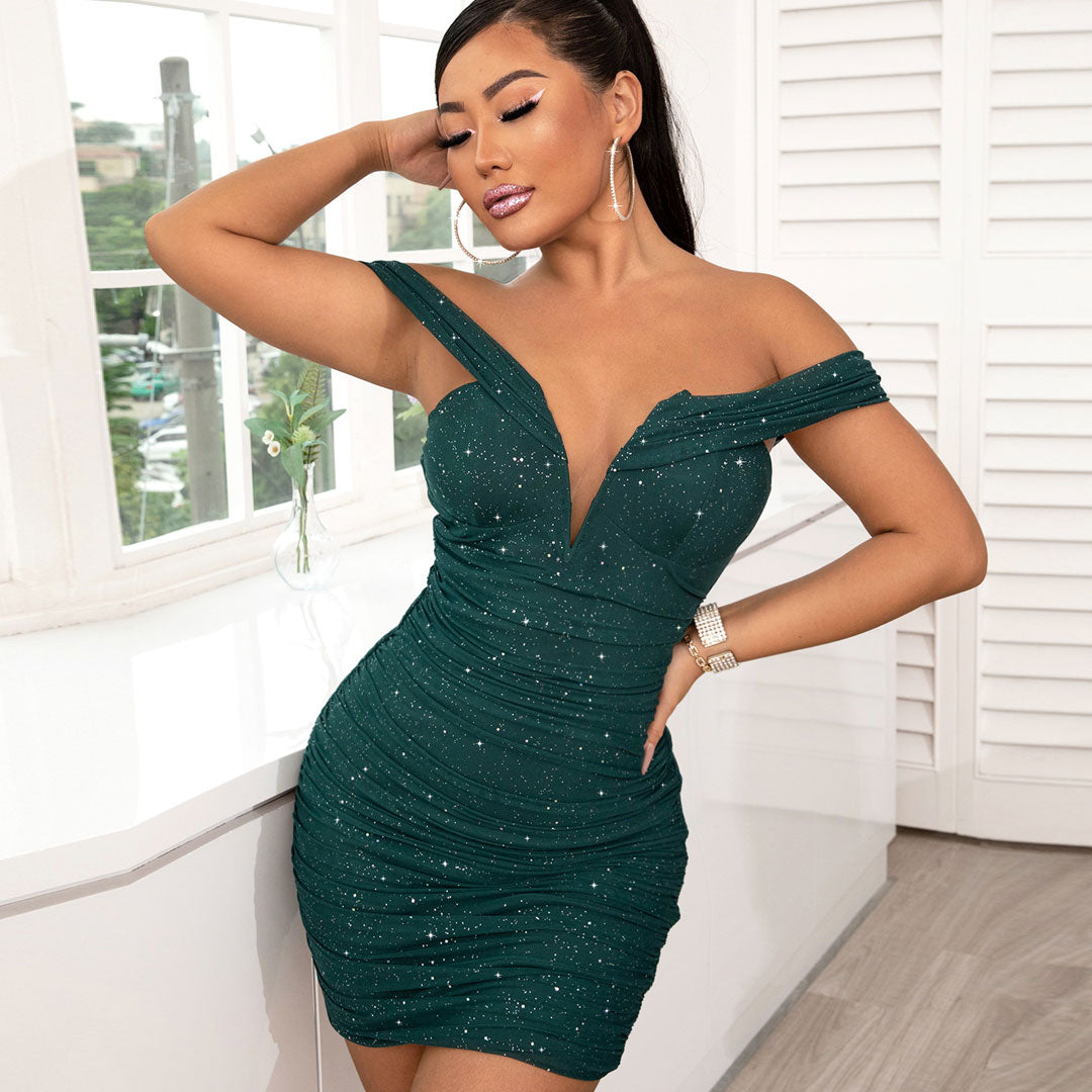 women's gleaming ruched v wire off shoulder bodycon party mini dress party dresses