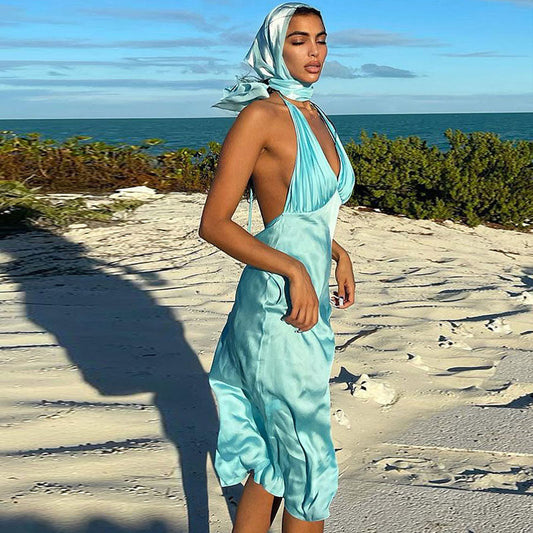 Women's Halter V Neck Cocktail Midi Dress Midi Dresses women's mini dress