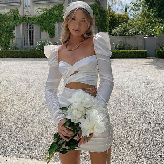 women's glossy cut out puff sleeve lace up rhinestone satin mini dress party dresses