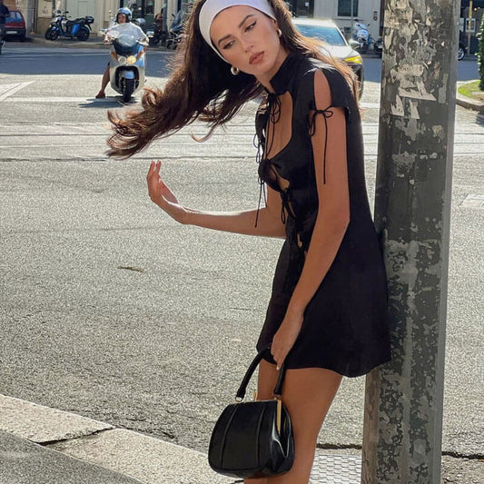 Women's Glossy Cut Out Tie Front Mock Neck Short Sleeve Mini Dress Party Dresses