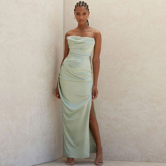 Cowl Neck Strapless Slit Maxi Evening Dress - Green women's dress by vivmom
