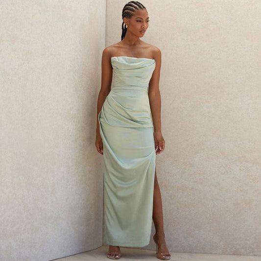 Women's Cowl Neck Strapless Slit Maxi Evening Dress