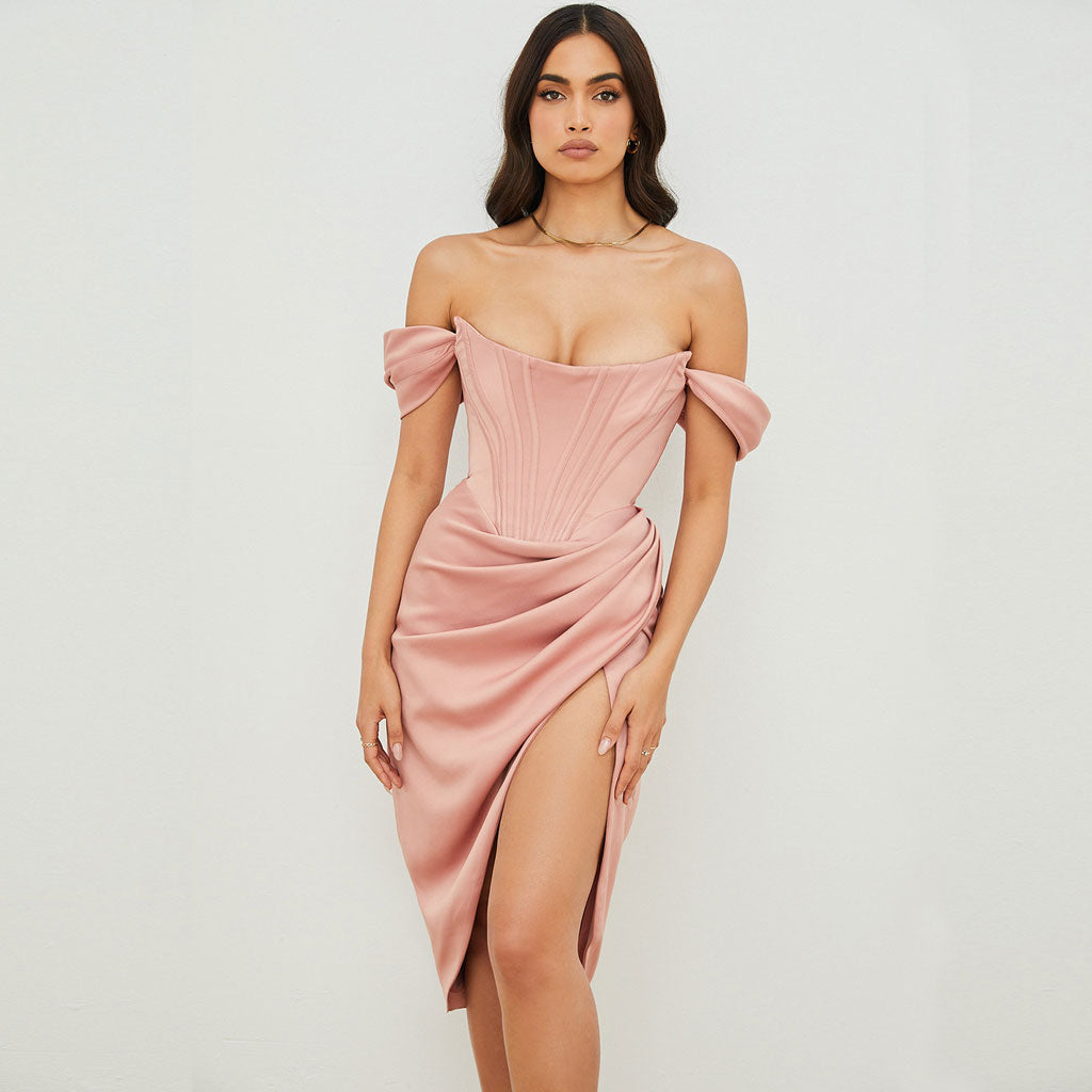 Women's Off Shoulder Draped Corset Cocktail Midi Dress Midi Dresses women's mini dress