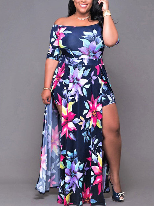 Women's Floral Print Cold Shoulder Slit Dress Dress