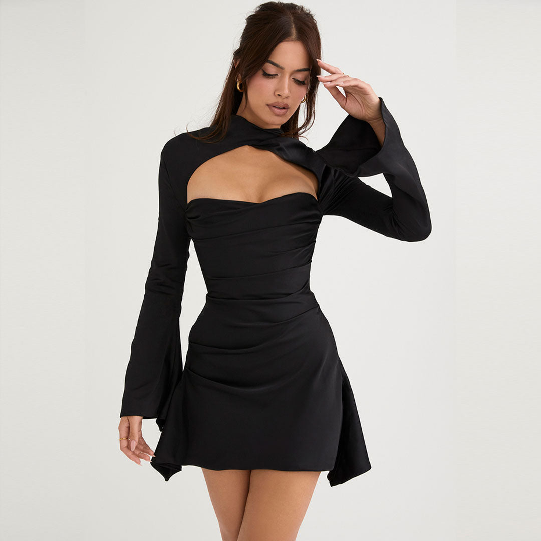 women's high neck cut out long sleeve draped satin mini dress party dresses