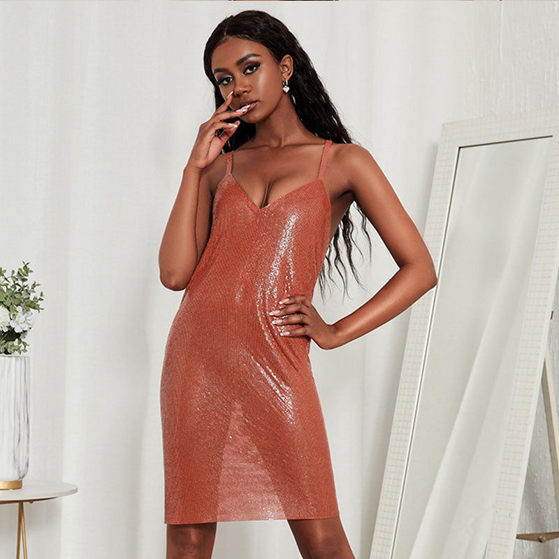 Women's Chainmail V Neck Low Back Sleeveless Party Mini Dress - Brick Red