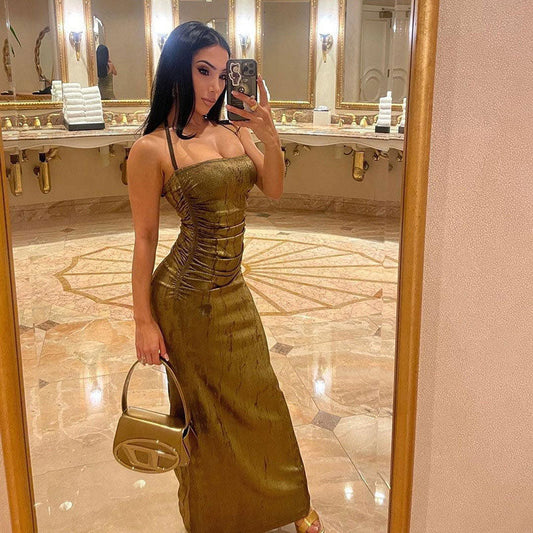 Women's Ruched Halter Neck Sleeveless Bodycon Maxi Dress Bodycon Dresses