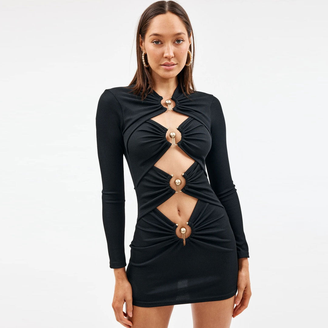 women's ruched trim cut out long sleeve bandage party mini dress bodycon dresses