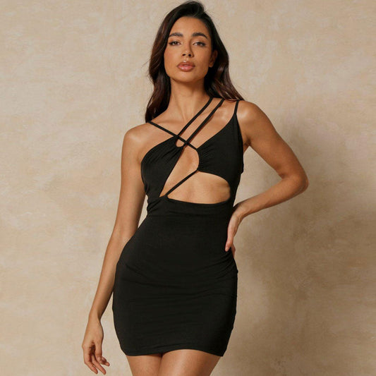 Women's Minimal Cut Out Floss Strap Long Sleeve Bodycon Club Mini Dress Party Dresses