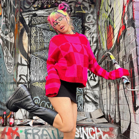 Heart Checkered Pattern Long Sleeve Sweater - Red