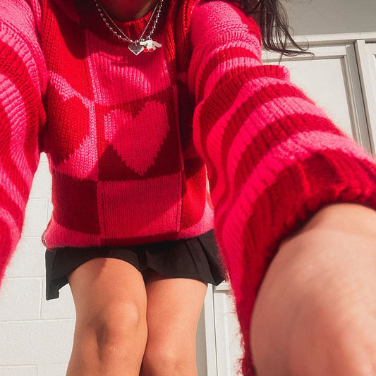 Heart Checkered Pattern Long Sleeve Sweater - Red
