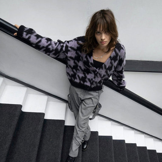 Houndstooth Pattern Button Up Long Sleeve Cropped Cardigan - Purple