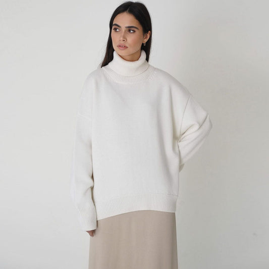 High Low Turtleneck Long Sleeve Sweater - White