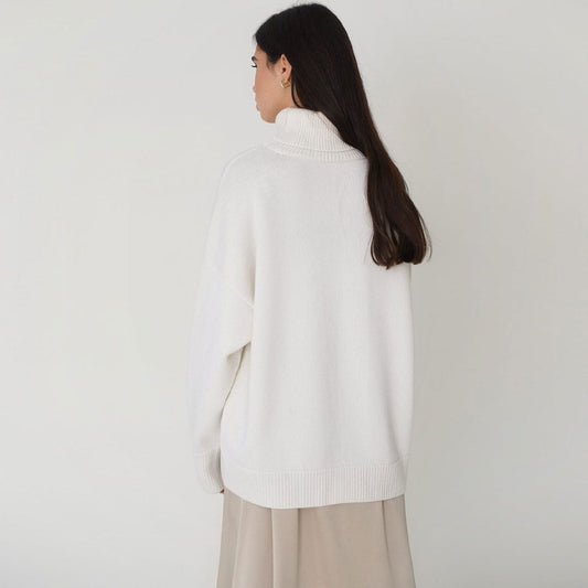 High Low Turtleneck Long Sleeve Sweater - White