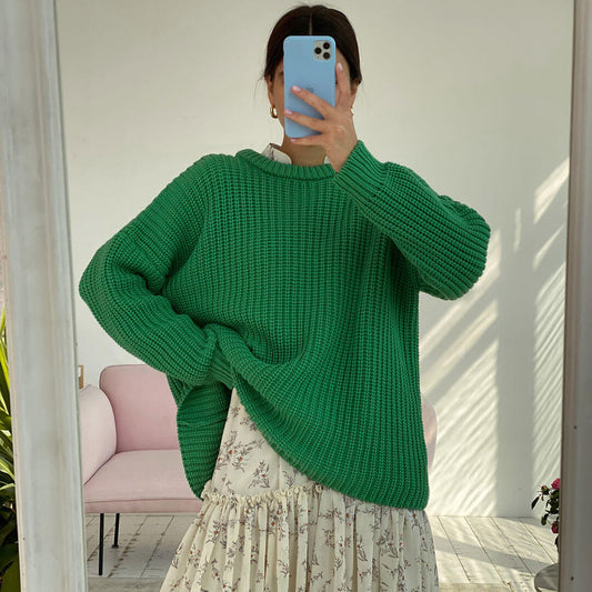 Candy Color Crewneck Pullover Sweater - Green