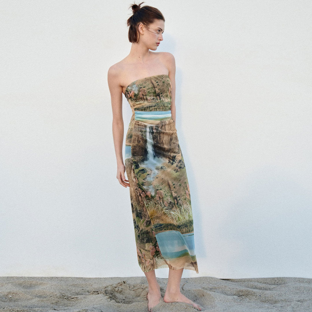 Women's Painterly Printed Ruched Mesh Split Trim Strapless Midi Dress Midi Dresses women's mini dress