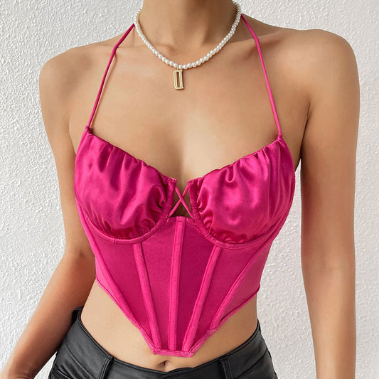 Polished Ruched Sweetheart Satin Crop Corset Top - Rose