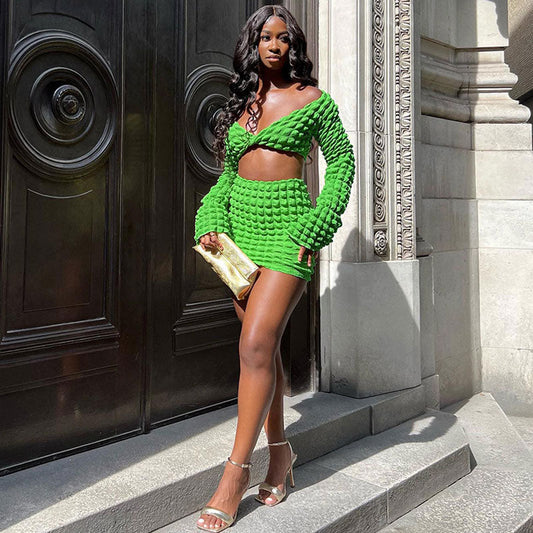 Ruched Twist Crop Top Bodycon Mini Skirt Matching Set - Green