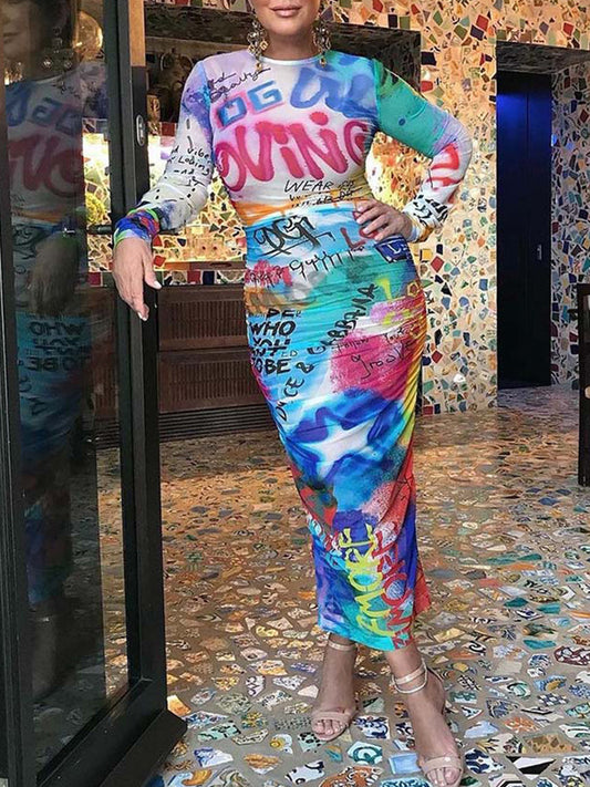 Women's Graffiti Print Bodycon Maxi Dress Dress