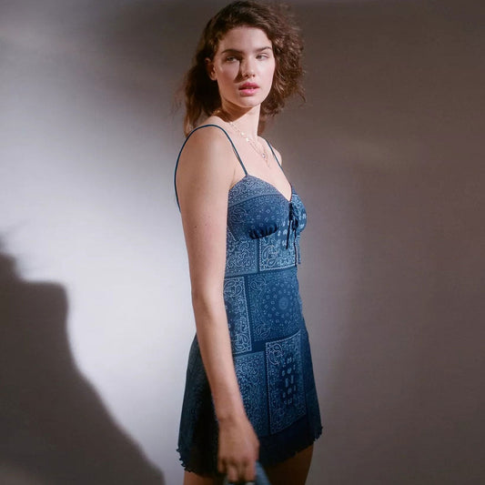 Women's Retro Paisley Patchwork Tie Front Sleeveless Mesh Mini Dress Bodycon Dresses