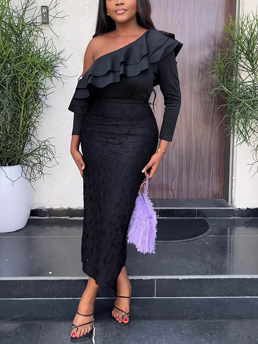 Women's Elegant Ruffle One Shoulder Lace Dress Midi Dresses women's mini dress