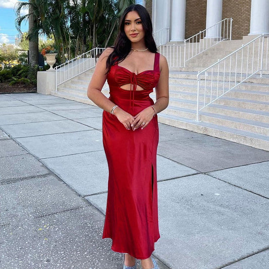 Cut Out Drawstring Lace Up Open Back Sleeveless Maxi Dress - Red women's dress by vivmom