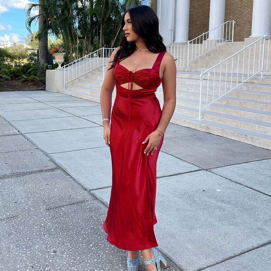 Women's Cut Out Drawstring Lace Up Open Back Sleeveless Maxi Dress