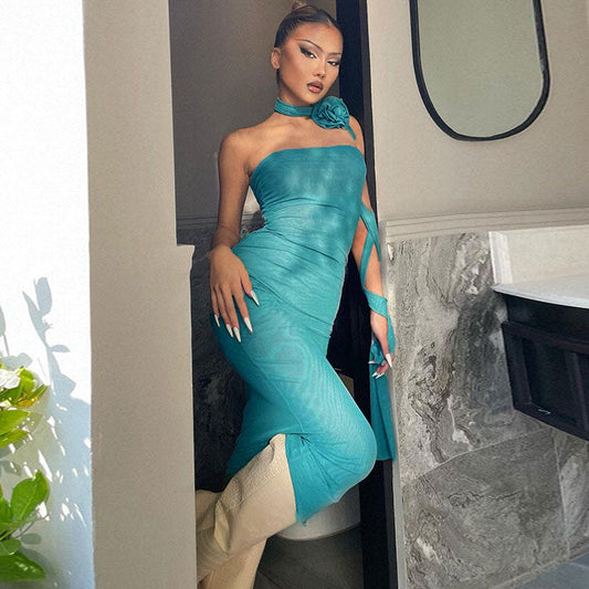 Women's Mesh 3D Floral Choker Detail Strapless Bodycon Party Midi Dress Midi Dresses women's mini dress