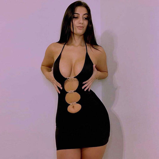 Women's Chain Detail Cut Out Halter Party Mini Dress - Black