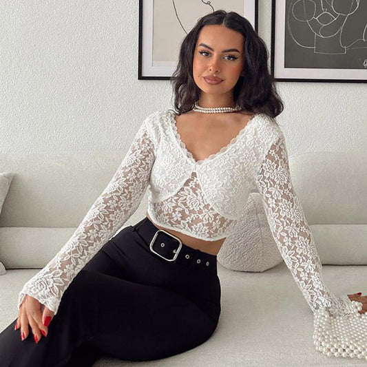 V Neck Long Sleeve Cropped Sheer Floral Lace Top - White
