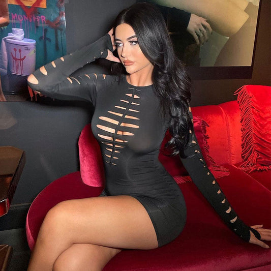 Women's Slashed Ladder Cut Out Crew Neck Long Sleeve Bodycon Mini Dress Bodycon Dresses