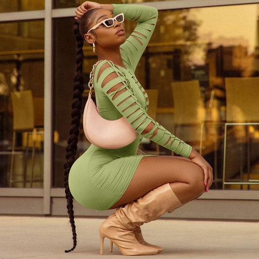 Women's Slashed Ladder Cut Out Crew Neck Long Sleeve Bodycon Mini Dress Bodycon Dresses