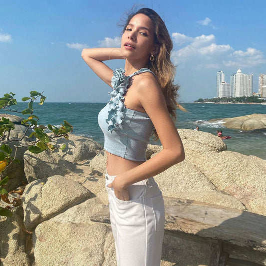 Ribbed 3D Flower Lettuce Detail Crop Top - Baby Blue