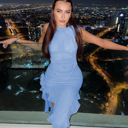 Women's 3D Flower Ruffle Trim Sleeveless Club Dress - Blue Mini Dresses