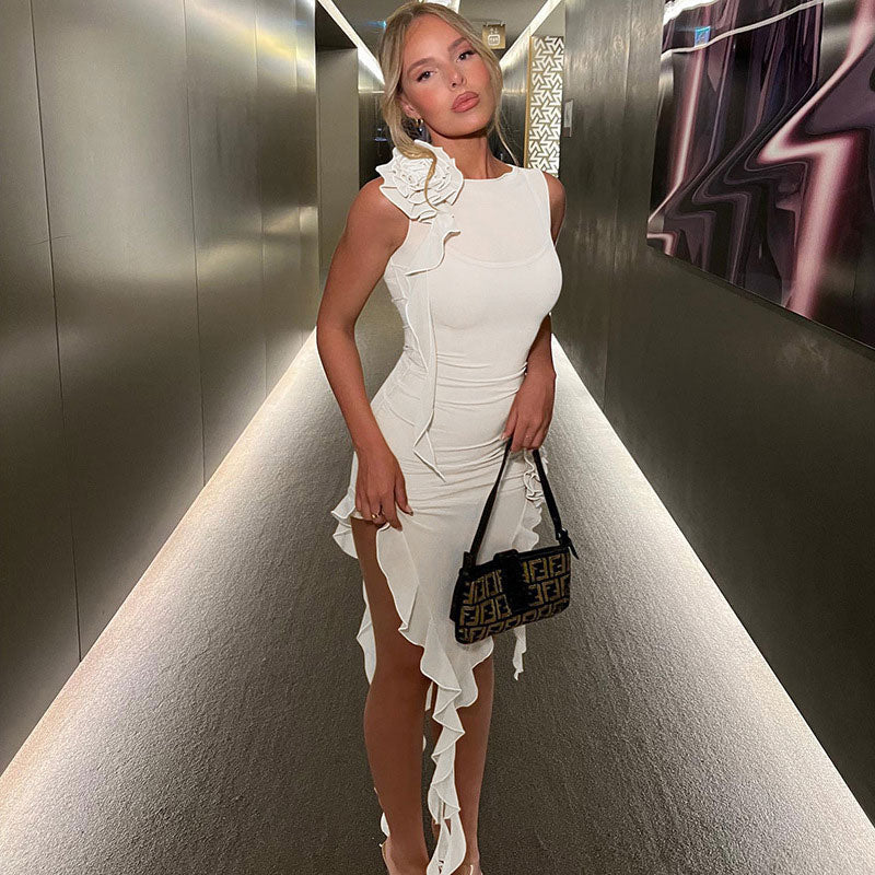 Women's 3D Flower Ruffle Trim Sleeveless Club Dress - White Mini Dresses