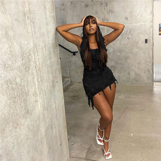 Women's Distressed Sleeveless Low Back Hooded Mini Dress Bodycon Dresses