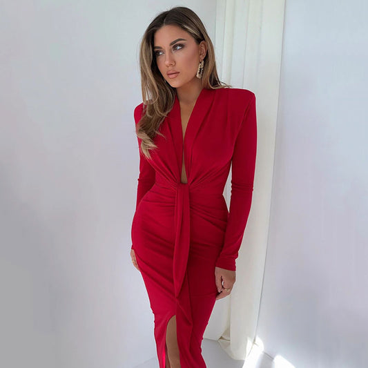 Women's Ruched Shoulder Pad Deep V Split Front Cocktail Maxi Dress Bodycon Dresses